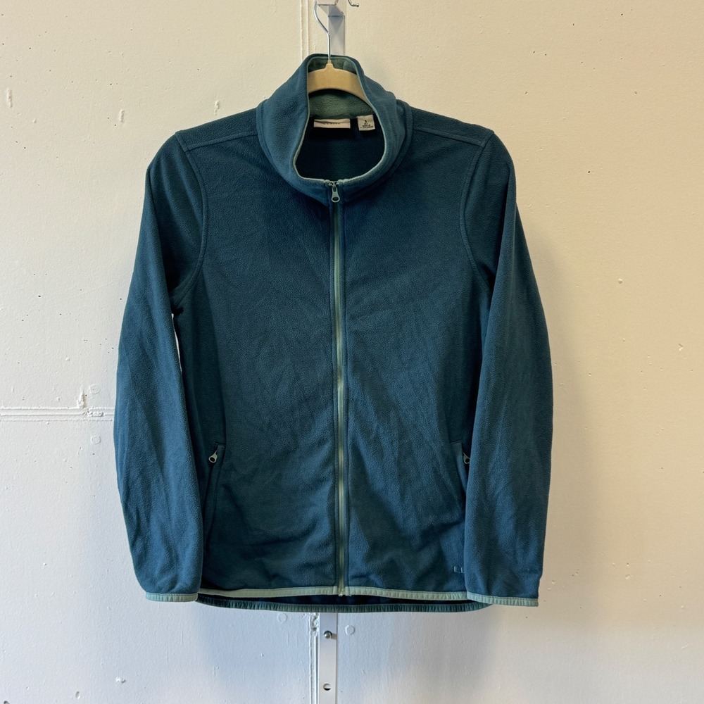 L.L. Bean Womens Small Petite Teal Blue Full Zip Fleece Jacket Mock Neck Outdoor